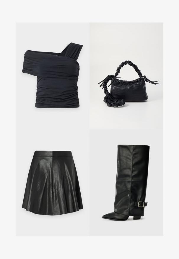 Črna majica brez naramnic, izdelana iz mehkega in raztegljivega materiala, z nabranimi detajli in širokim trakastim dizajnom na eni strani.; Črna razširjena krilo iz umetnega usnja s šivi na panelih in oprijetim pasom na enobarvni svetli podlagi.; Črne usnjene gležnjarje do gležnjev z ostrim nosom, gladko teksturo in srebrnim sponko akcentom na strani. Debel kvadratni peti.; Črna torbica iz umetnega usnja s krokodilovo teksturo, z zvitim vrhom in zmečkano naramico. Zdi se mehka in kompaktna v oblikovanju.