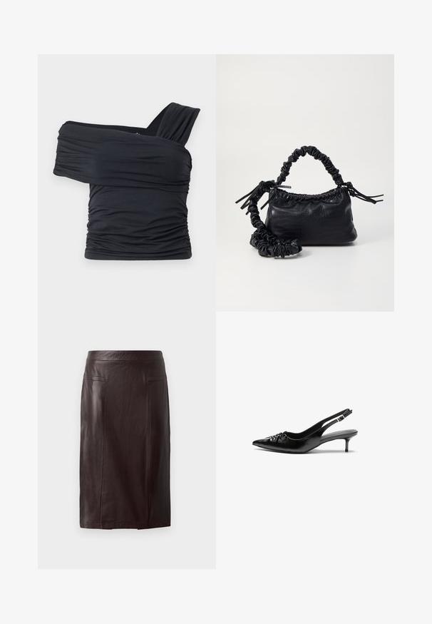 Black off-shoulder top made from soft, stretchy fabric, featuring ruched details and a wide strap design on one side.; Brown leather pencil skirt with a smooth texture, featuring a high waist, two front pockets, and a knee-length cut.; Black leather slingback heels with a pointed toe, low kitten heel, and gathered detail on the vamp. Smooth texture and minimalist design.; Black faux leather handbag with a crocodile texture, cinched top, and a scrunched strap. Appears soft and compact in design.