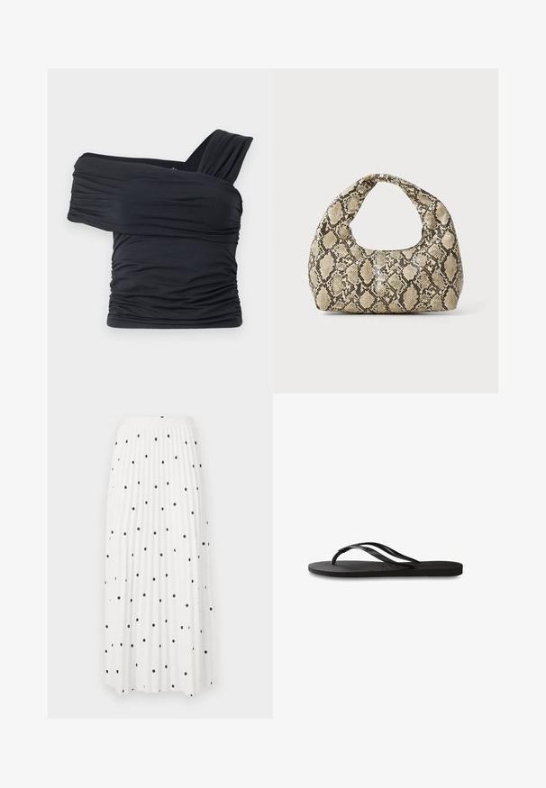 Črna majica brez naramnic, izdelana iz mehkega in raztegljivega materiala, z nabranimi detajli in širokim trakastim dizajnom na eni strani.; Bela maksi krila z črnimi pikami po vsej površini, ki ima gladek pas in tekočo tkanino za enostavno gibanje.; Črne natikače z teksturirano gumijasto podlogo, dvema ozkima trakoma in subtilnim, vtisnjenim logom na traku.; Torba z vzorom kače s ukrivljenim ročajem. Narejena iz teksturiranih, bež in rjavih materialov, ki imajo značilen diamante vzorec.