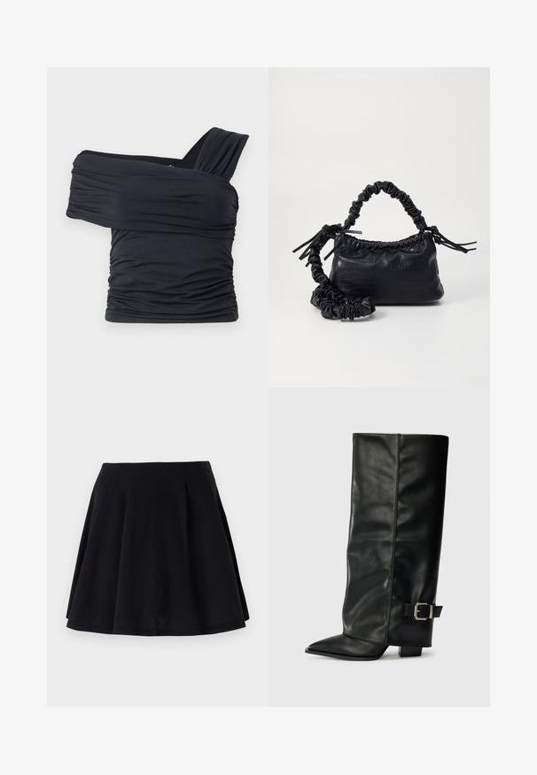 Top preto sem alças feito de um tecido macio e elástico, com detalhes franzidos e um design de alça larga de um lado.; Saia de algodão preta com uma silhueta ampla, apresentando pregas na área da cintura e uma textura suave. Adequada para uso casual.; Botas de couro preto até ao tornozelo com ponta afiada, textura lisa e detalhe em fivela prateada de lado. Salto quadrado robusto.; Bolsa de mão em couro sintético preto com textura de crocodilo, topo franzido e alça enrugada. Apresenta um design suave e compacto.