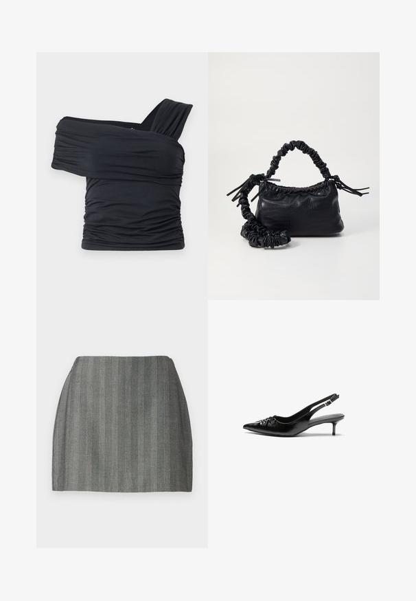 Melna off-shoulder gapģē jeb topiņš, kas izgatavots no mīksta, elastīga auduma, ar ručām un plašo siksnu dizainu vienā pusē.; Pelēka mini svārku ar teksturētu audumu, kuram ir vertikālas svītras un pieguļošs jostasvieta. Taisna griezuma un gluda apdare.; Melni ādas sandales ar norādītu pirkstu, mazu kaķa papēdi un dekoratīvu mezglu detaļu priekšā. Gluda tekstūra visā virsmā.; Melnā mākslīgās ādas rokassoma ar krokodila rakstu, savilkta augšdaļa un saburzīta siksna. Izskatās mīksta un kompakta pēc dizaina.