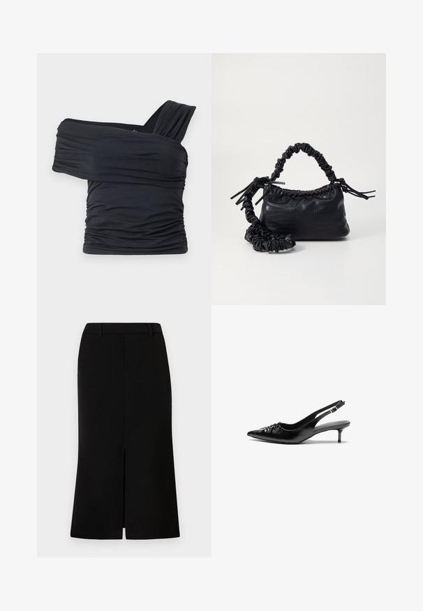 Top preto sem alças feito de um tecido macio e elástico, com detalhes franzidos e um design de alça larga de um lado.; Saia preta até ao joelho com silhueta reta, apresentando uma abertura frontal, textura suave e cós ajustado.; Sapatos de salto alto slingback em couro preto com bico fino, pequeno salto kitten e um detalhe decorativo em forma de nó na parte da frente. Textura suave em toda a parte.; Bolsa de mão em couro sintético preto com textura de crocodilo, topo franzido e alça enrugada. Apresenta um design suave e compacto.