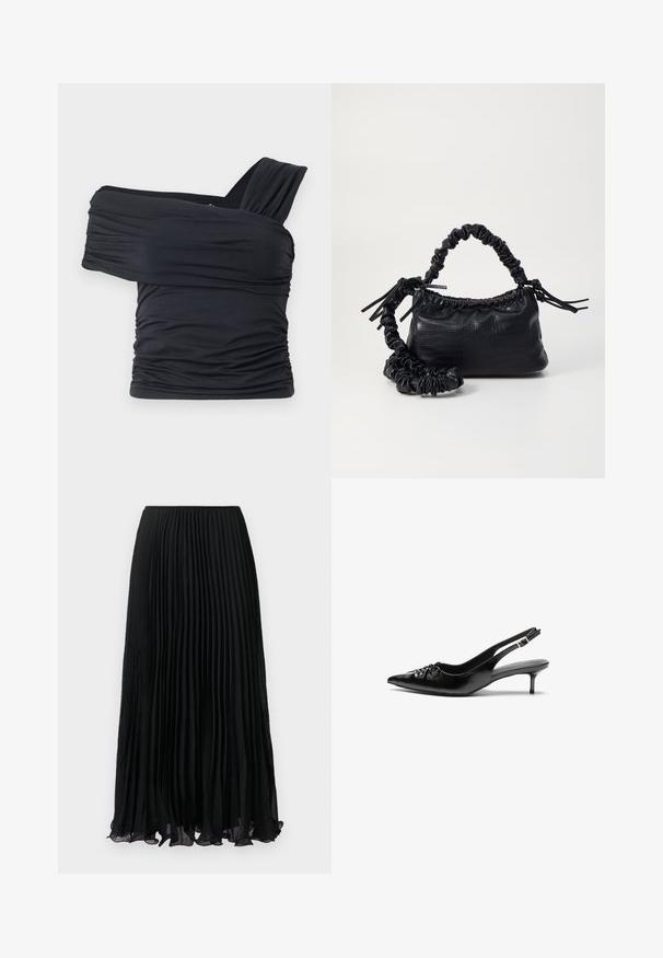 Melna off-shoulder gapģē jeb topiņš, kas izgatavots no mīksta, elastīga auduma, ar ručām un plašo siksnu dizainu vienā pusē.; Melna plisētā midi svārku ar caurspīdīgu audumu un elastīgu jostasvietu, novietoti uz balta fona.; Melni ādas sandales ar norādītu pirkstu, mazu kaķa papēdi un dekoratīvu mezglu detaļu priekšā. Gluda tekstūra visā virsmā.; Melnā mākslīgās ādas rokassoma ar krokodila rakstu, savilkta augšdaļa un saburzīta siksna. Izskatās mīksta un kompakta pēc dizaina.