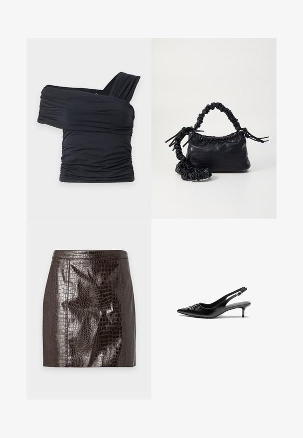Top noir à épaules dénudées en tissu doux et extensible, présentant des détails froncés et une conception de large bretelle d'un côté.; Mini-jupe en simili crocodile marron foncé avec des coutures en panneaux et un ourlet droit.; Escarpins slingback en cuir noir avec bout pointu, petit talon kitten et détail froncé sur le cou-de-pied. Texture lisse et design minimaliste.; Sac à main en simili cuir noir avec une texture crocodile, un dessus resserré et une sangle froncée. A l'apparence douce et compacte.