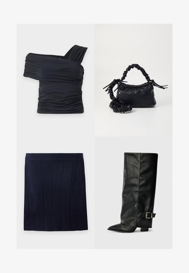Schwarzes Off-Shoulder-Top aus weichem, elastischem Stoff, mit Rüschendetails und einem breiten Trägerdesign auf einer Seite.; Object OBJTHESS - Minirock - sky captain; Schwarze Lederstiefeletten in Knöchellänge mit spitzem Zehenbereich, glatter Oberfläche und silberner Schnallenakzent an der Seite. Massiver, quadratischer Absatz.; Schwarze Handtasche aus Kunstleder mit Krokodilstruktur, gerafftem oberen Teil und einem geschoppten Tragegurt. Sie wirkt weich und kompakt im Design.