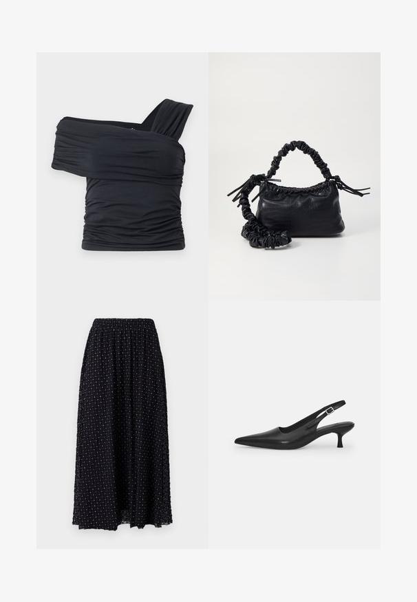 Black off-shoulder top made from soft, stretchy fabric, featuring ruched details and a wide strap design on one side.; Black maxi skirt with a diamond-patterned mesh texture, elastic waistband, and slight gathering at the top, featuring silver accents throughout.; Black leather slingback shoe with a pointed toe and a slim, curved heel. Features a discrete adjustable strap with a metal buckle.; Black faux leather handbag with a crocodile texture, cinched top, and a scrunched strap. Appears soft and compact in design.