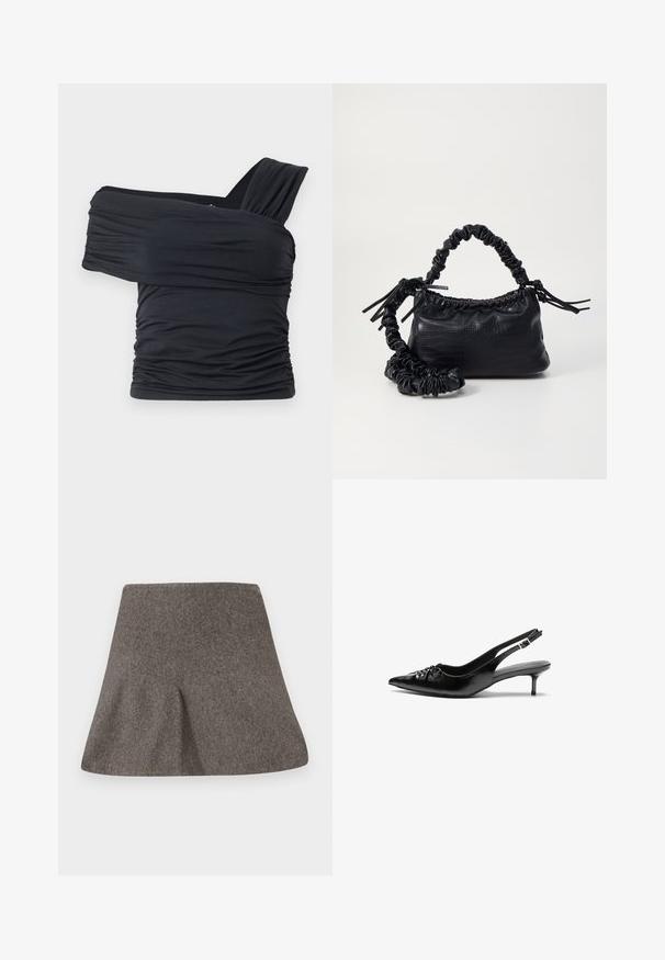 Top negru, cu umeri golași, fabricat dintr-un material moale și elastic, având detalii plissate și un design cu bretele late pe o parte.; Fustă A-line din lână gri, cu o talie lată și o textură ușoară, întinsă pe un fundal alb.; Cizme slingback din piele neagră, cu vârf ascuțit, toc mic de tip kitten heel și un detaliu decorativ sub formă de nod în față. Textură netedă pe întreaga suprafață.; Geantă din faux leather neagră cu textură de crocodil, cu partea superioară strânsă și o curea mototolită. Pare moale și compactă ca design.
