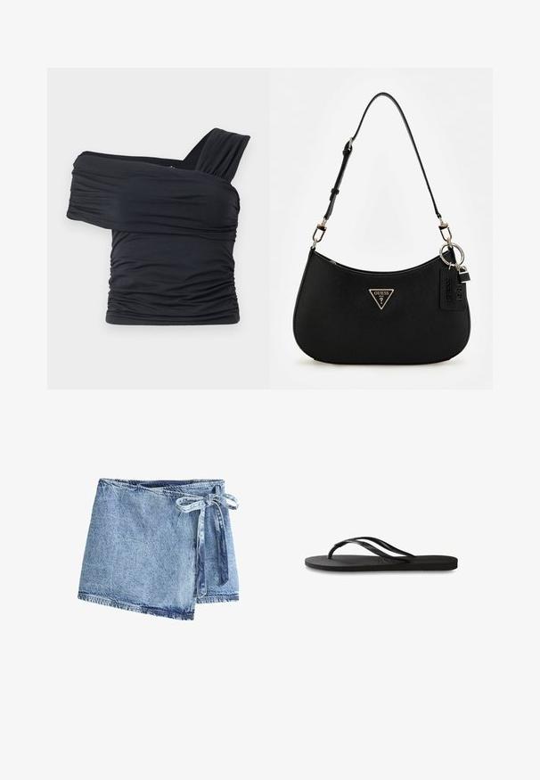 Must mustriba mustreenipee peal pehmed kudumeeliselt ja venivast kangast, omades rikutud detaile ja laia rihma disaini ühel küljel.; Heledsinine denimist mähisseelik, millel on sidumisviis. Kangas on tekstuurse viimistlusega ja toore servaga, millel on kontrasteerivad õmbluse detailid.; Mustad mustes suss, millel on tekstureeritud kummist põhi, kaks peenikest rihma ja tagasihoidlik, reljeefne logo detail rihmal.; Must zwart sünteetilisest materjalist õlakotil on kaarjas siluett, struktureeritud viimistlus, kultne kolmnurga logo ja eemaldatavad metallaktsendid.