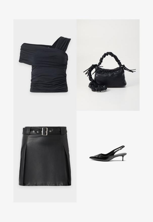 Must mustriba mustreenipee peal pehmed kudumeeliselt ja venivast kangast, omades rikutud detaile ja laia rihma disaini ühel küljel.; Mustast kunstnahast mini-seelik, millel on keha lähedane disain, külgmised voltid ja vöö hõbedase prongsi ja silmadega. Ühtlane tekstuur, kõrge talje.; Musthave nahkased kõrged kontsad, millel on terav varvas, väike kitten-kont ja dekoratiivne sõlm ees. Ühtlane sile tekstuur.; Must must sünteetilisest nahast käekott, millel on krokodillimuster, kokku tõmmatav ülaosa ja kortsus rihm. Tundub pehme ja kompaktne disain.