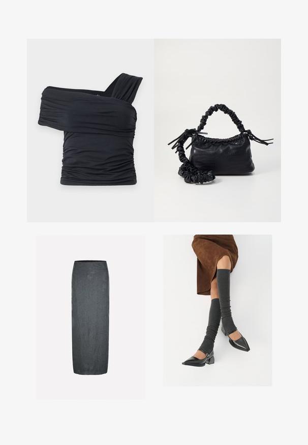 Must mustriba mustreenipee peal pehmed kudumeeliselt ja venivast kangast, omades rikutud detaile ja laia rihma disaini ühel küljel.; Tumehall midi-seelik sujuva tekstuuri ja lilledega reljeefse mustriga. Omab istuvat, kõrget vööd ja lihtsat, elegantset siluetti.; Mustad patsaline odav värviga kingad, millel on kreen ja pahkluuring, on paaritatud hallide ribakudumitega sääremiidega ja pruunist nahast seelikuga.; Must must sünteetilisest nahast käekott, millel on krokodillimuster, kokku tõmmatav ülaosa ja kortsus rihm. Tundub pehme ja kompaktne disain.