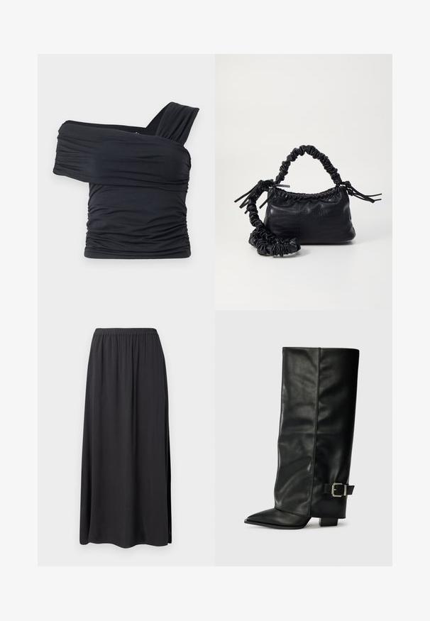 Top noir à épaules dénudées en tissu doux et extensible, présentant des détails froncés et une conception de large bretelle d'un côté.; Jupe maxi noire en tissu doux et fluide. Elle présente une taille élastique et des fentes sur les côtés, offrant une coupe et un silhouette décontractées.; Bottes noires en cuir longueur cheville avec un bout pointu, texture lisse et une accent en boucle argentée sur le côté. Talon carré épais.; Sac à main en simili cuir noir avec une texture crocodile, un dessus resserré et une sangle froncée. A l'apparence douce et compacte.