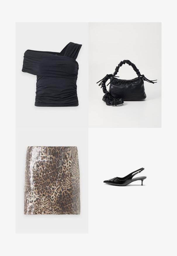 Zwarte off-shoulder top gemaakt van zachte, rekbare stof, met gerimpelde details en een bredere bandontwerp aan één kant.; Mini-jurk in panterprint gemaakt van gestructureerde stof, met zilverkleurige pailletten die het dierenpatroon accentueren, en een getailleerd silhouet.; Zwarte leren slingback hakken met een spitse neus, kleine kittenhak en een decoratieve knoopdetail aan de voorkant. Smooth textuur overal.; Zwarte nepleer handtas met een krokodillenstructuur, opgedroogde bovenkant en een gekreukte hengsel. Het lijkt zacht en compact van ontwerp.