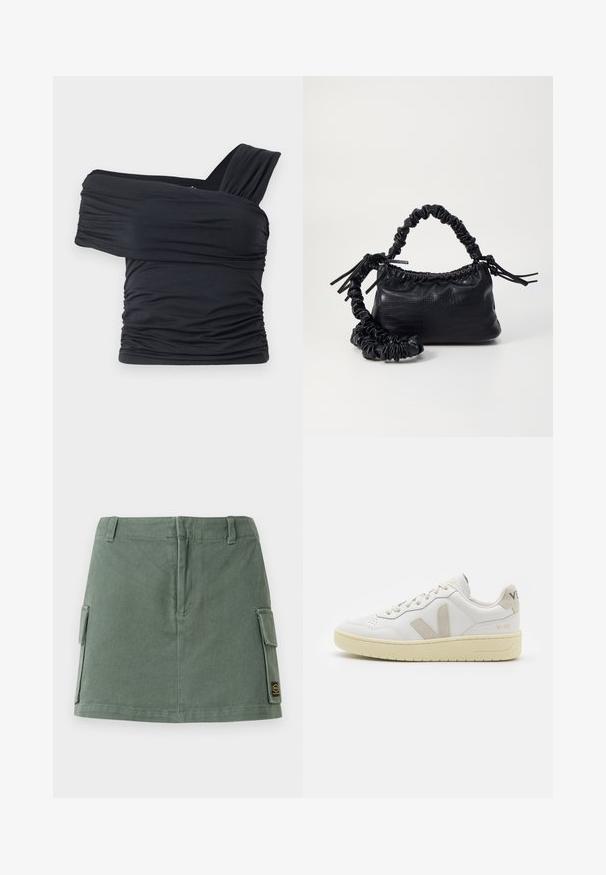 Zwarte off-shoulder top gemaakt van zachte, rekbare stof, met gerimpelde details en een bredere bandontwerp aan één kant.; Groene denim rok met een aansluitende tailleband, twee zijzakken en een patch aan de onderzijde rechts. Soepele textuur met een subtiele glans.; Witte leren sneaker met beige suède accenten, geperforeerde neus, platte veters en een gestructureerde crèmekleurige zool. Heeft subtiele branding op de hak.; Zwarte nepleer handtas met een krokodillenstructuur, opgedroogde bovenkant en een gekreukte hengsel. Het lijkt zacht en compact van ontwerp.