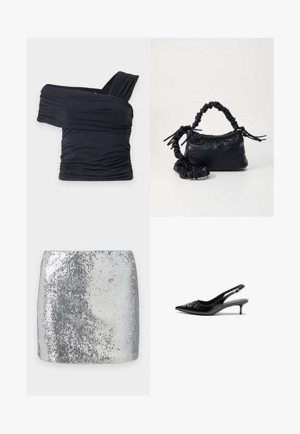 Musta olkaimeton toppi, joka on valmistettu pehmeästä ja venyvästä kankaasta, jossa on rypytysdetaljeja ja leveä olkaintyyli yhdellä puolella.; Hopeapintaiset minihameet, joissa on muotoiltu malli ja sileä pinta, heijastavat valoa pinnallaan saadakseen kiiltävän ilmeen.; Mustat nahkaiset slingback-korkokengät, joissa on terävä kärki, pieni kitten-korko ja koristeellinen solki edessä. Yksinkertainen pinta kauttaaltaan.; Must-have mustekahvi nahkalaukku krokotiiliaistalla, kiristetty yläosa ja rypistetty hihna. Näyttää pehmeältä ja kompaktilta muotoilultaan.