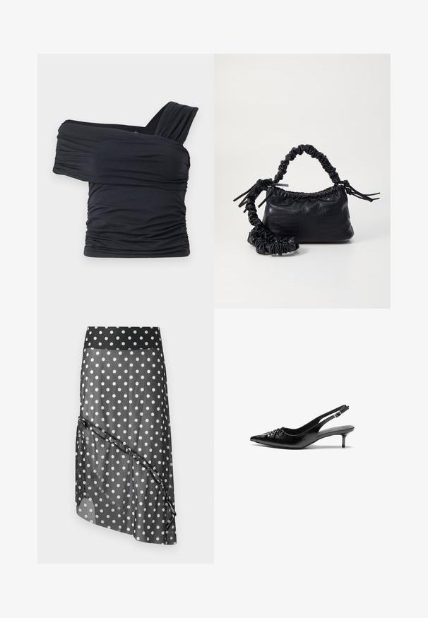 Top preto sem alças feito de um tecido macio e elástico, com detalhes franzidos e um design de alça larga de um lado.; Saia preta com bolinhas, com uma sobrecamada transparente, apresentando uma cintura larga e um design assimétrico em camadas. Textura suave e material leve.; Sapatos de salto alto slingback em couro preto com bico fino, pequeno salto kitten e um detalhe decorativo em forma de nó na parte da frente. Textura suave em toda a parte.; Bolsa de mão em couro sintético preto com textura de crocodilo, topo franzido e alça enrugada. Apresenta um design suave e compacto.