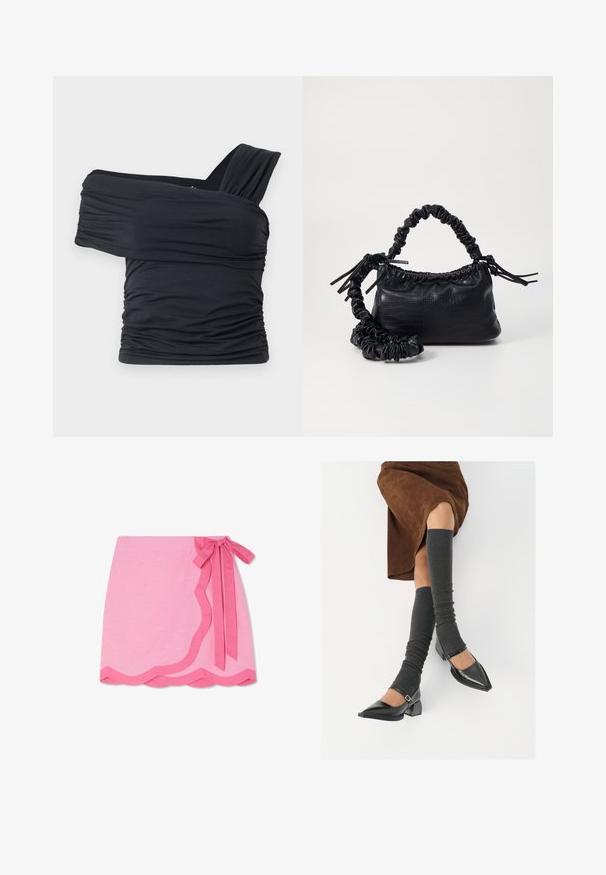 Čierny top bez ramienok vyrobený z jemného, elastického materiálu, s nariasenými detailmi a širokým dizajnom ramienka na jednej strane.; Ružová ľanová sukňa s vlnitým lemom, ktorá má na páse kontrastnú tmavne ružovú väzbu a hladkú textúru.; Čierne lakované kožené topánky s špicatou špičkou, blokovým podpätkom a členkovým remienkom, ktoré sú kombinované so šedými rebrovanými legínami a hnedou zamšovou sukňou.; Čierna umelá kožená kabelka s kroko vzorom, sťahovaným vrchom a zhnutým popruhom. Vyzerá mäkko a kompaktné v dizajne.