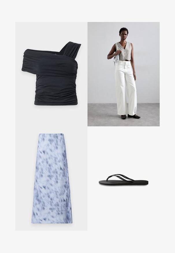 Top noir à épaules dénudées en tissu doux et extensible, présentant des détails froncés et une conception de large bretelle d'un côté.; Une longue jupe bleu clair avec un motif flou bleu foncé. Le tissu semble doux avec une texture lisse et un design simple.; Tongs noires avec une semelle en caoutchouc texturée, deux fines lanières et un détail de logo embossé subtil sur la lanière.; Un gilet gris court avec des boutons, associé à un pantalon blanc à jambes larges et des chaussures plates noires. Accessoirisé avec un petit sac à franges en argent.
