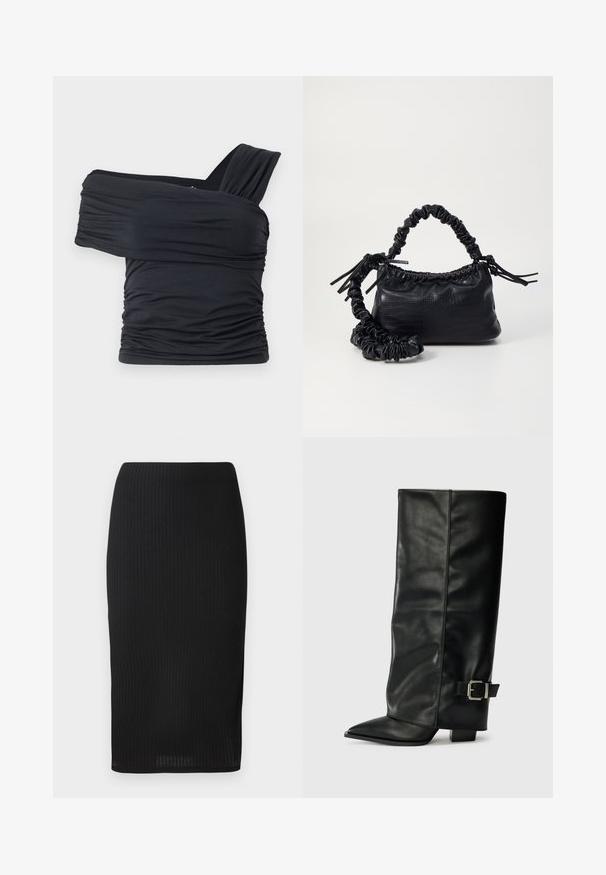 Črna majica brez naramnic, izdelana iz mehkega in raztegljivega materiala, z nabranimi detajli in širokim trakastim dizajnom na eni strani.; Črna rebrasta svinčnik krila v oprijetem oblikovanju, s gladko teksturo in dolžino do kolen. Preprost pas brez okrasitev.; Črne usnjene gležnjarje do gležnjev z ostrim nosom, gladko teksturo in srebrnim sponko akcentom na strani. Debel kvadratni peti.; Črna torbica iz umetnega usnja s krokodilovo teksturo, z zvitim vrhom in zmečkano naramico. Zdi se mehka in kompaktna v oblikovanju.