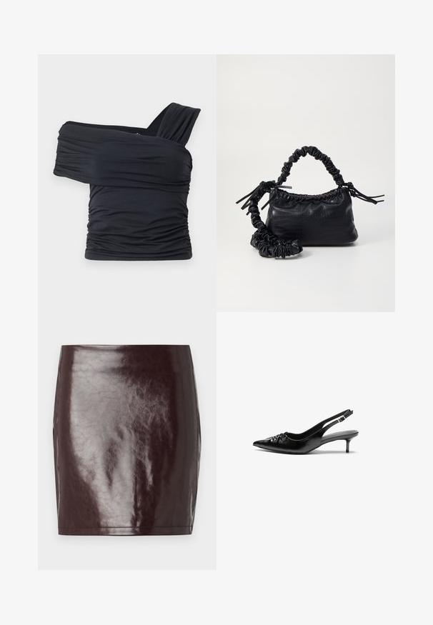 Μαύρο τοπ χωρίς ώμους φτιαγμένο από μαλακό, ελαστικό ύφασμα, με ραμμένες λεπτομέρειες και σχέδιο φαρδιάς τιράντας από τη μία πλευρά.; Μίνι φούστα από γοργονί χαρτί σε μπορντό από faux δέρμα με ομαλή, γυαλιστερή υφή και εφαρμοστό σχήμα. Διαθέτει καθαρές γραμμές και ευθεία κόψη.; Μαύρα δερμάτινα τακούνια slingback με尖尖 toe, μικρό kitten heel και διακοσμητική λεπτομέρεια με κόμπο στο μπροστινό μέρος. Λείος υφή σε όλη την επιφάνεια.; Μαύρη τσάντα από faux δέρμα με υφή κροκοδείλου, κλειστή στο επάνω μέρος και με ρυτιδωμένο λουρί. Φαίνεται μαλακή και συμπαγής στο σχέδιο.