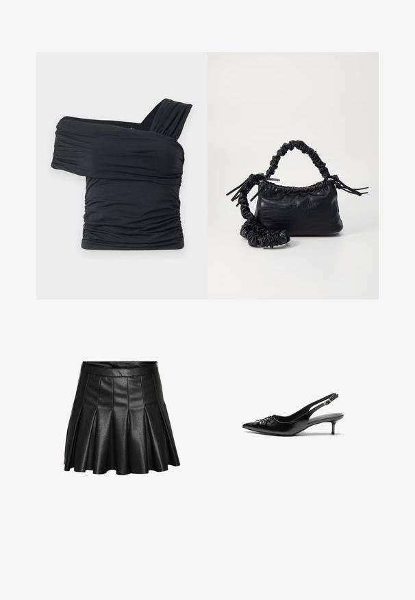 Top preto sem alças feito de um tecido macio e elástico, com detalhes franzidos e um design de alça larga de um lado.; Saia preta plissada feita de couro sintético, com cintura ajustada e bainha ampla. Textura elegante com acabamento liso e brilhante.; Sapatos de salto alto slingback em couro preto com bico fino, pequeno salto kitten e um detalhe decorativo em forma de nó na parte da frente. Textura suave em toda a parte.; Bolsa de mão em couro sintético preto com textura de crocodilo, topo franzido e alça enrugada. Apresenta um design suave e compacto.