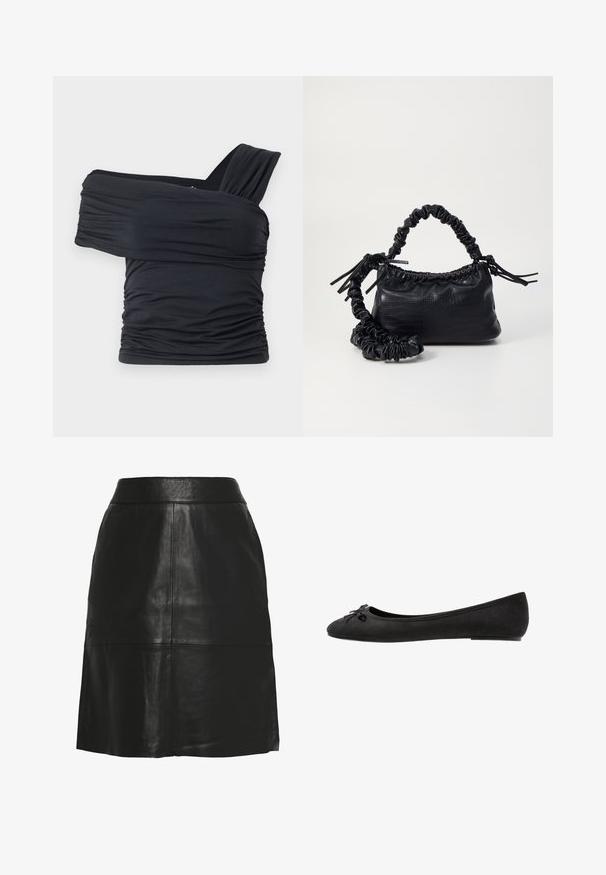 Fekete, vállnélküli felső, puha, rugalmas anyagból, fodros részletekkel és egyoldali széles pánttal.; Fekete bőr szoknya sima textúrával, illemtartó derékvonallal és bővülő aljjal. A dizájn függőleges varratokkal és letisztult, minimalista vonalakkal rendelkezik.; Fekete nubuk balettcipők kerek orrral, elöl díszes masnival és lapos talpformával. Simább textúra és klasszikus forma.; Fekete műbőr kézi táska krokodil bőr textúrával, összehúzható tetejű és gyűrt pánttal. Lágy és kompakt dizájnúnak tűnik.