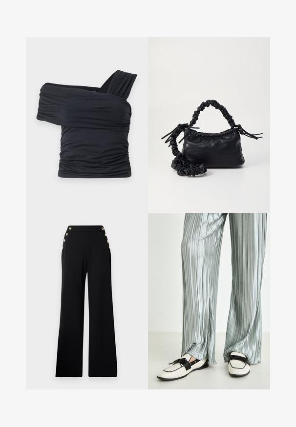 Schwarzes Off-Shoulder-Top aus weichem, elastischem Stoff, mit Rüschendetails und einem breiten Trägerdesign auf einer Seite.; Schwarze hochtaillierte, weite Hose mit goldenen Knöpfen an der Vorderseite und Taschen an beiden Hüften auf weißem Hintergrund.; Helle silberne, plissierte Hose kombiniert mit cremefarbenen Slippern, die ein schwarzes Band und eine Schleifendetail aufweisen, mit flacher Sohle.; Schwarze Handtasche aus Kunstleder mit Krokodilstruktur, gerafftem oberen Teil und einem geschoppten Tragegurt. Sie wirkt weich und kompakt im Design.