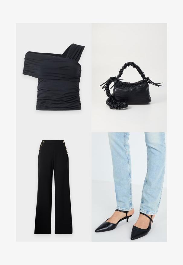 Crna bluzica bez naramenica napravljena od mekog, rastezljivog materijala, sa nabranim detaljima i širokim remenom s jedne strane.; Crne hlače s visokim strukom, širokih nogavica, s zlatnim gumbima duž prednje strane i džepovima na oba bokova, na bijeloj pozadini.; Crne kožne salonke s šiljastim vrhom, niskim kitten petama i remenom oko gležnja, u kombinaciji s svijetloplavim trapericama.; Crna torba od umjetne kože s teksturom krokodila, s cinčanim vrhom i naboranom trakom. Izgleda mekano i kompaktno u dizajnu.