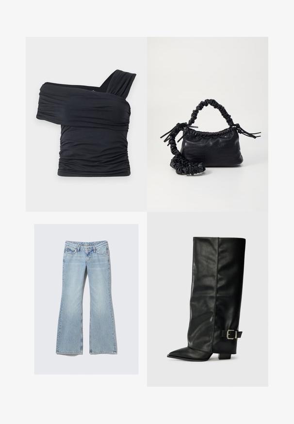 Fekete, vállnélküli felső, puha, rugalmas anyagból, fodros részletekkel és egyoldali széles pánttal.; Weekday NOVA - Karcsúsított farmerek - lip blue; Fekete bőr bokáig érő csizmák hegyes orral, sima felülettel és ezüst csattal az oldalon. Tömbös négyzet alakú sarok.; Fekete műbőr kézi táska krokodil bőr textúrával, összehúzható tetejű és gyűrt pánttal. Lágy és kompakt dizájnúnak tűnik.