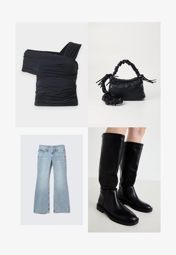 Melna off-shoulder gapģē jeb topiņš, kas izgatavots no mīksta, elastīga auduma, ar ručām un plašo siksnu dizainu vienā pusē.; Weekday NOVA - Pieguloša piegriezuma džinsi - lip blue; Melnas līdz ceļiem augstas zābaki, izgatavoti no gludas ādas ar noapaļotu purngali, minimālisma dizains un plakana gumijas zole. Šuvju detaļas sānos.; Melnā mākslīgās ādas rokassoma ar krokodila rakstu, savilkta augšdaļa un saburzīta siksna. Izskatās mīksta un kompakta pēc dizaina.