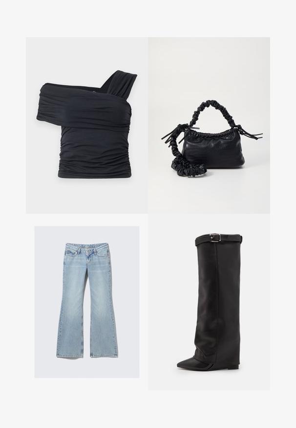 Juodas viršus be petnešų, pagamintas iš minkšto, elastingo audinio, su raukšlėtomis detalėmis ir plačios petnešos dizainu vienoje pusėje.; Weekday NOVA - Prigludę džinsai - lip blue; Steve Madden CORENNE - Aukštakulniai batai - black; Juodas dirbtinės odos rankinė su krokodilo tekstūra, sušnibždinta viršuje ir susikraipytu dirželiu. Atrodo minkšta ir kompaktiška.
