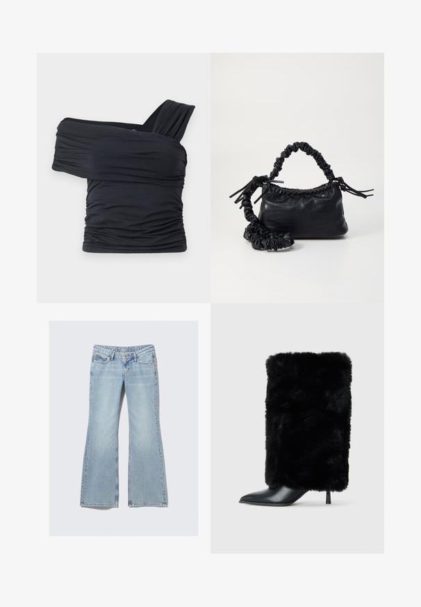 Top negru, cu umeri golași, fabricat dintr-un material moale și elastic, având detalii plissate și un design cu bretele late pe o parte.; Weekday NOVA - Blugi slim fit - lip blue; Botine negre cu vârf ascuțit și toc stiletto, având un shaft din blană sintetică neagră pufoasă. Accente din piele netedă pe vârf.; Geantă din faux leather neagră cu textură de crocodil, cu partea superioară strânsă și o curea mototolită. Pare moale și compactă ca design.