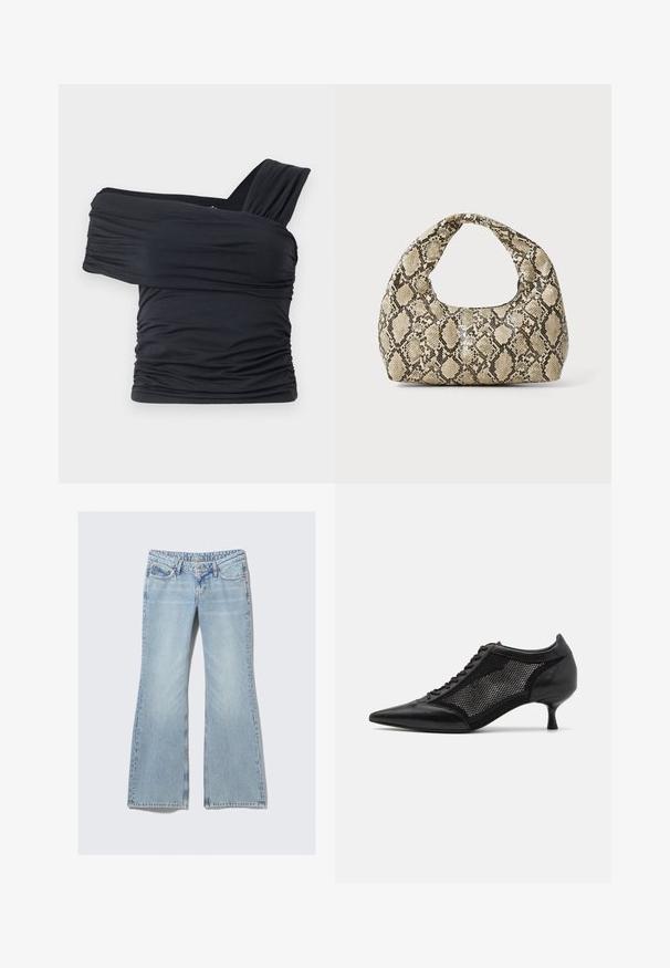 Czarny top bez ramion wykonany z miękkiego, elastycznego materiału, z marszczonymi detalami i szerokim paskiem po jednej stronie.; Weekday NOVA niebieski; Czarny but na szpilce z ostrym noskiem, z panelem z siateczki, z niskim obcasem i sznurowanym przodem. Wykonany z połączenia skóry i materiału siateczkowego.; Torebka w wężowy wzór z zakrzywionym uchwytem. Wykonana z teksturowanych, beżowych i brązowych materiałów, z charakterystycznym wzorem w diamenty.
