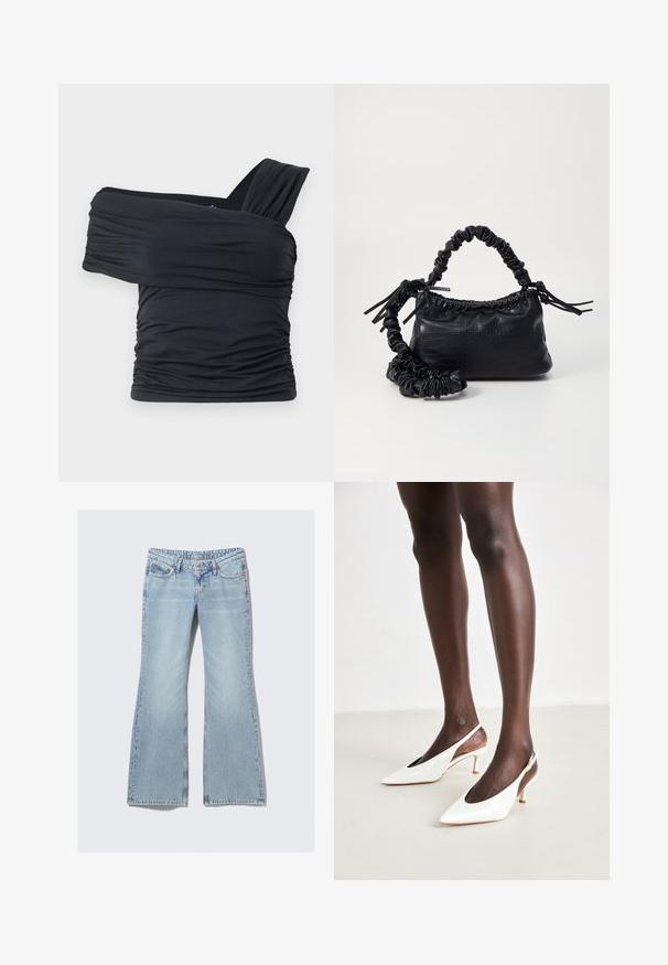Top noir à épaules dénudées en tissu doux et extensible, présentant des détails froncés et une conception de large bretelle d'un côté.; Weekday NOVA - Jean slim - lip blue; Talons slingback en cuir verni blanc avec un bout pointu, un talon mince et des côtés ouverts ; texture lisse et design minimaliste.; Sac à main en simili cuir noir avec une texture crocodile, un dessus resserré et une sangle froncée. A l'apparence douce et compacte.