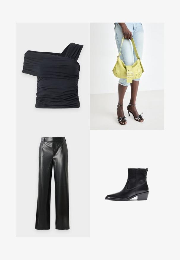 Black off-shoulder top made from soft, stretchy fabric, featuring ruched details and a wide strap design on one side.; Black leather wide-leg pants with a smooth texture, featuring a mid-rise waistband and subtle front crease lines.; Black leather ankle boot with a pointed toe and low block heel. Features a side zipper and minimal stitching details for a sleek design.; Yellow perforated handbag with a buckle detail and adjustable strap, paired with denim shorts and black high-heeled sandals with bows.