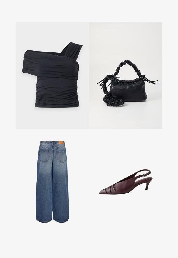 Top nero senza spalline realizzato in tessuto morbido e elasticizzato, con dettagli arricciati e un design con fascia larga su un lato.; Culotte in denim a gamba larga in un lavaggio blu medio con una texture sbiadita, dotate di due tasche posteriori e un'etichetta in pelle marrone del marchio sulla vita.; Scarpe slingback in pelle bordeaux con punta affusolata, caratterizzate da una texture plissettata nella parte anteriore e un tacco sottile e strutturato. Cinturino regolabile.; Borsa a tracolla in ecopelle nera con texture a coccodrillo, apertura cinchata e tracolla arricciata. Si presenta con un design morbido e compatto.