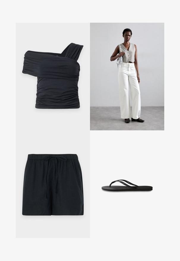 Črna majica brez naramnic, izdelana iz mehkega in raztegljivega materiala, z nabranimi detajli in širokim trakastim dizajnom na eni strani.; Črne platnene kratke hlače z elastičnim pasom in vrvico, ki zagotavljajo sproščen kroj in gladko teksturo.; Črne natikače z teksturirano gumijasto podlogo, dvema ozkima trakoma in subtilnim, vtisnjenim logom na traku.; Siv prirezani telovnik z gumbi, v kombinaciji z belimi širokimi kavbojkami in črnimi ravnimi čevlji. Opremljen z majhno srebrno torbico z resicami.