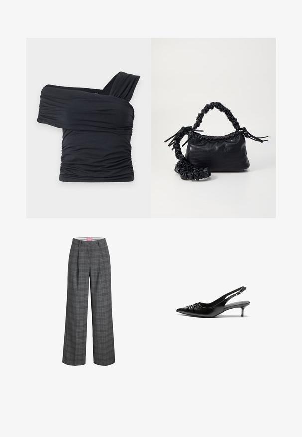 Juodas viršus be petnešų, pagamintas iš minkšto, elastingo audinio, su raukšlėtomis detalėmis ir plačios petnešos dizainu vienoje pusėje.; Pilkos langeliais plačios kelnės su aukštu juosmeniu, kurių priekyje yra raukšlės ir lygi tekstūra. Etiketė matoma viduje juosmens.; Juodi odiniai aukštakulniai su dirželiais, smailia nosimi, žemu katinėlio kulniuku ir susitraukiančia detale ant bato viršaus. Lygi tekstūra ir minimalistinis dizainas.; Juodas dirbtinės odos rankinė su krokodilo tekstūra, sušnibždinta viršuje ir susikraipytu dirželiu. Atrodo minkšta ir kompaktiška.