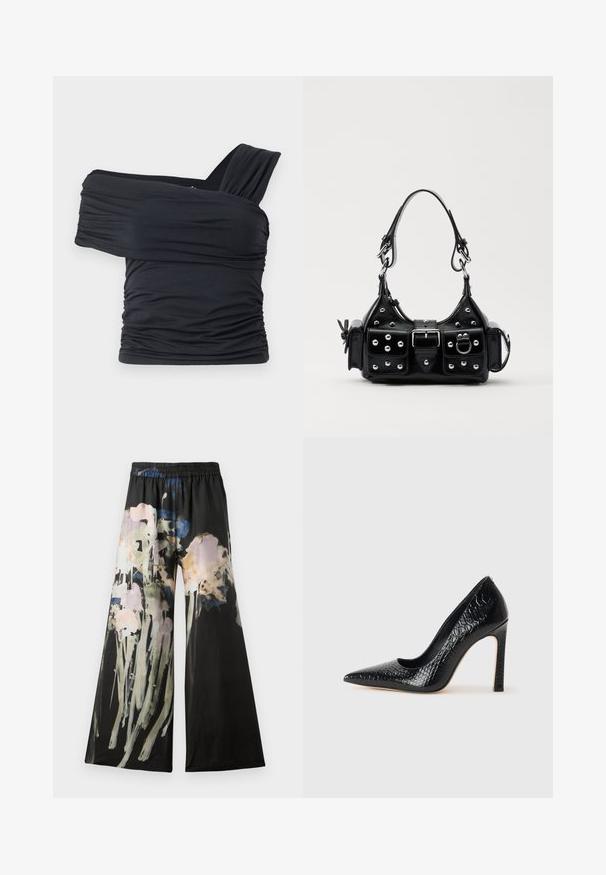 Fekete, vállnélküli felső, puha, rugalmas anyagból, fodros részletekkel és egyoldali széles pánttal.; Fekete szövetből készült bő szárú nadrág, rózsaszín, kék és zöld árnyalatú akvarell virágmintával; kényelmes elasztikus derékpánt.; Fekete hegyes orrú magassarkú cipő krokodilbőr textúrával, letisztult dizájnnal, magas tűsarkú és sima fekete belső résszel.; Fekete bőr kézitáska ívelt designnal, ezüst szegecsekkel, csattal és két oldalsó zsebbel. Állítható vállpánt a hordozási lehetőségekhez.
