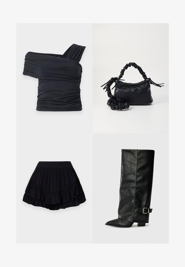 Fekete, vállnélküli felső, puha, rugalmas anyagból, fodros részletekkel és egyoldali széles pánttal.; Fekete, réteges, fodros szoknya rugalmas derékkal és finom csipkés szegéllyel, könnyű szövetből készült, bővülő sziluettel.; Fekete bőr bokáig érő csizmák hegyes orral, sima felülettel és ezüst csattal az oldalon. Tömbös négyzet alakú sarok.; Fekete műbőr kézi táska krokodil bőr textúrával, összehúzható tetejű és gyűrt pánttal. Lágy és kompakt dizájnúnak tűnik.