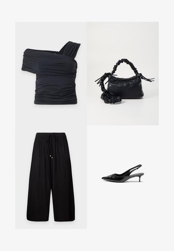 Musta olkaimeton toppi, joka on valmistettu pehmeästä ja venyvästä kankaasta, jossa on rypytysdetaljeja ja leveä olkaintyyli yhdellä puolella.; Mustat leveät housut, jotka on valmistettu teksturoidusta kankaasta. Varustettu joustavalla vyötärönauhalla, jossa on nauhakuja ja kultasävytteiset yksityiskohdat päissä.; Mustat nahkaiset slingback-korkokengät, joissa on terävä kärki, pieni kitten-korko ja koristeellinen solki edessä. Yksinkertainen pinta kauttaaltaan.; Must-have mustekahvi nahkalaukku krokotiiliaistalla, kiristetty yläosa ja rypistetty hihna. Näyttää pehmeältä ja kompaktilta muotoilultaan.