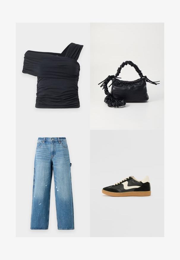Musta olkaimeton toppi, joka on valmistettu pehmeästä ja venyvästä kankaasta, jossa on rypytysdetaljeja ja leveä olkaintyyli yhdellä puolella.; Vaaleansiniset farkku cargo-housut, joissa on leveät lahkeet, haalistuneita kohtia ja maalikastiketta. Ominaisuuksiin kuuluvat sivutaskut ja nappisulku.; Mustat mokka- ja nahkakengät, joissa on kermaisen valkoinen sivupainatus ja vaalea kermaisine kantapää. Varustettu beigeillä nauhoilla ja kumista valmistetulla ulkopohjalla.; Must-have mustekahvi nahkalaukku krokotiiliaistalla, kiristetty yläosa ja rypistetty hihna. Näyttää pehmeältä ja kompaktilta muotoilultaan.