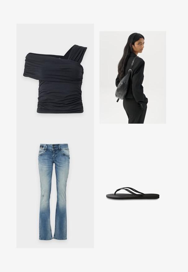 Crna bluzica bez naramenica napravljena od mekog, rastezljivog materijala, sa nabranim detaljima i širokim remenom s jedne strane.; Plave traperice s raširenim nogavicama, izrađene od denima s izbjeljenim pranjem, s prolaznim detaljima, iznošenim dijelovima i dva prednja džepa sa šivenim akcentima.; Crne japanke s teksturiranom gumenenom potplatom, dva uska remena i suptilnim, urezanim logom na remenu.; Žena s dugom tamnom kosom koja nosi crno odijelo, drži crnu kožnu torbu preko ramena i gleda unazad na bijeloj pozadini.