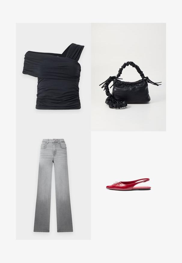 Juodas viršus be petnešų, pagamintas iš minkšto, elastingo audinio, su raukšlėtomis detalėmis ir plačios petnešos dizainu vienoje pusėje.; Pilkos džinsai su išblukusio ombré efektu, aukšta juosmens linija, klasikinis penkių kišenių stilius ir tiesios, plačios kojos, pagaminti iš džinsinio audinio.; Raudoni odiniai slingback baja su smailiu pirštu ir dekoratyviu raišteliu priekyje, turintis ploną kulkšnies dirželį ir plokščią padą.; Juodas dirbtinės odos rankinė su krokodilo tekstūra, sušnibždinta viršuje ir susikraipytu dirželiu. Atrodo minkšta ir kompaktiška.