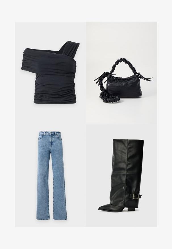 Melna off-shoulder gapģē jeb topiņš, kas izgatavots no mīksta, elastīga auduma, ar ručām un plašo siksnu dizainu vienā pusē.; Noisy May NMYOLANDA - Džinsi ar platām starām - medium blue denim; Melni ādas potītes zābaki ar asu purngalu, gludu virsmu un sudraba sprādzi uz sāniem. Masīvs kvadrātveida papēdis.; Melnā mākslīgās ādas rokassoma ar krokodila rakstu, savilkta augšdaļa un saburzīta siksna. Izskatās mīksta un kompakta pēc dizaina.