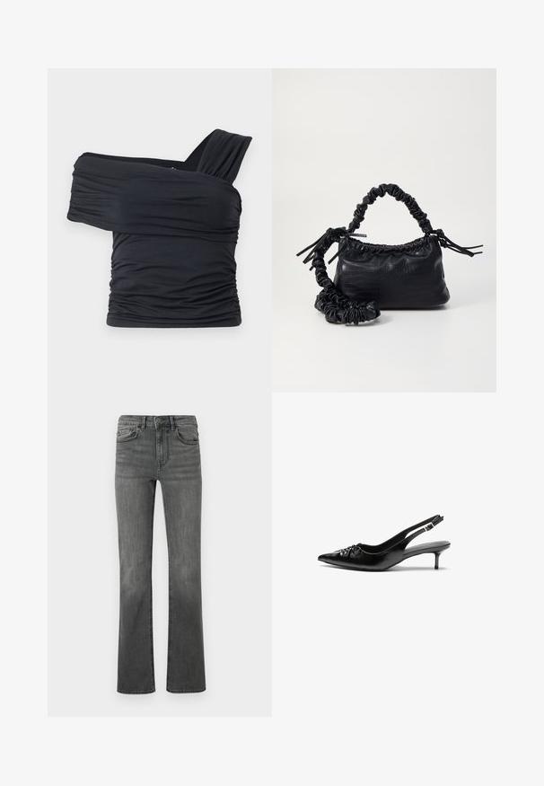 Top nero senza spalline realizzato in tessuto morbido e elasticizzato, con dettagli arricciati e un design con fascia larga su un lato.; Jeans a zampa d'elefante in denim grigio scuro con vita alta, cinque tasche e chiusura con un singolo bottone. Tessuto morbido con leggera scoloritura.; Tacchi slingback in pelle nera con punta affusolata, piccolo tacco kitten e un dettaglio a nodo decorativo sulla parte anteriore. Texture liscia su tutta la superficie.; Borsa a tracolla in ecopelle nera con texture a coccodrillo, apertura cinchata e tracolla arricciata. Si presenta con un design morbido e compatto.