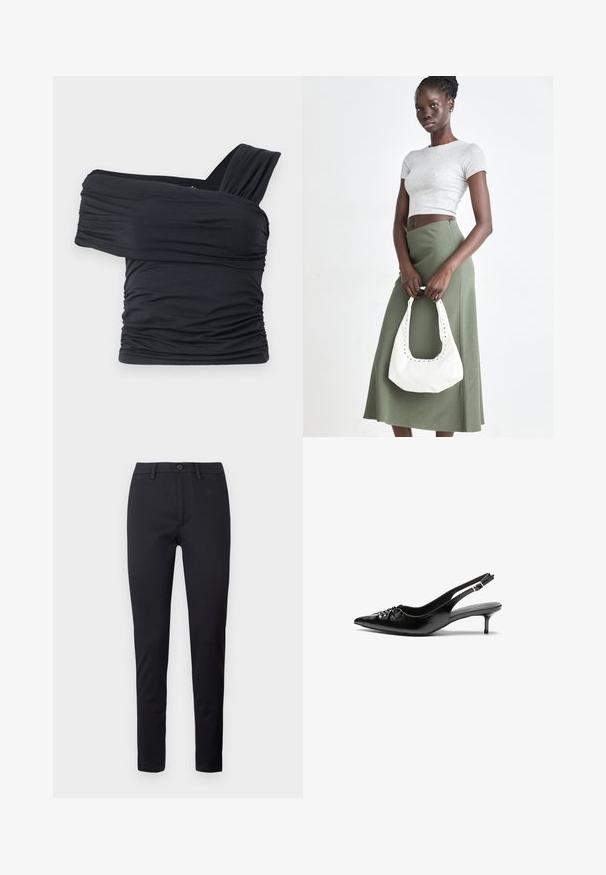 Musta olkaimeton toppi, joka on valmistettu pehmeästä ja venyvästä kankaasta, jossa on rypytysdetaljeja ja leveä olkaintyyli yhdellä puolella.; Musta housut, jotka on valmistettu sileästä kankaasta, varustettuna tavallisella vyötäröllä, etutaskuilla ja kapenevilla lahkeilla. Ei näkyviä kuvioita tai koristeita.; Mustat nahkaiset slingback-korkokengät, joissa on terävä kärki, matala kissakorko ja kerätty yksityiskohta päällisessä. Sileä pinta ja minimalistinen muotoilu.; Harmaa ribbattu crop-top ja oliivinvihreä korkeavyötäröinen hame. Malli pitää valkoista olkalaukkua, jossa on leikattu yksityiskohtia. Yksinkertainen muotoilu, vartalonmyötäinen siluetti.