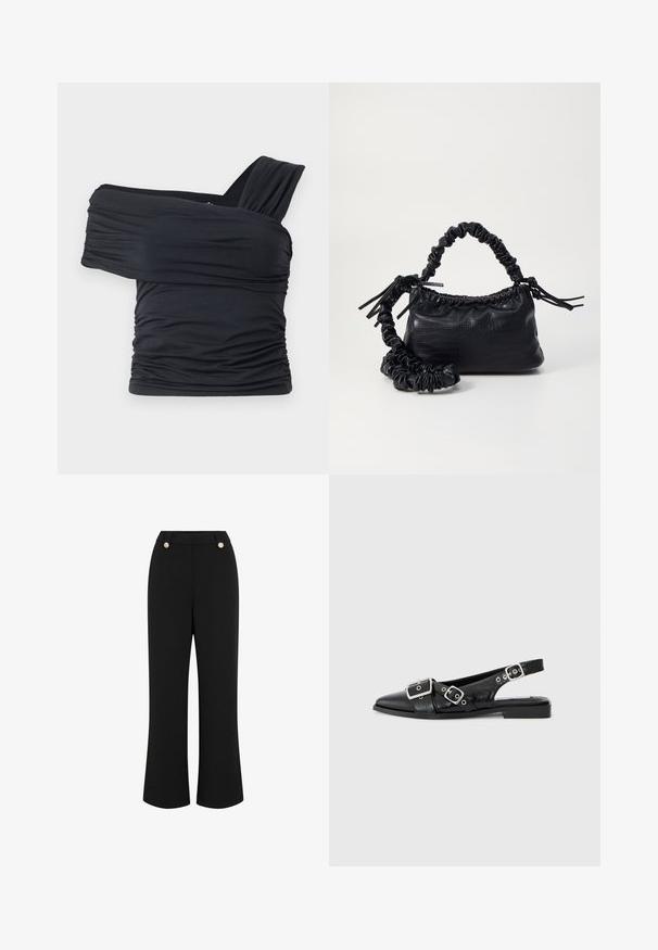 Juodas viršus be petnešų, pagamintas iš minkšto, elastingo audinio, su raukšlėtomis detalėmis ir plačios petnešos dizainu vienoje pusėje.; Juodos plačios kojų kelnės su lygia tekstūra, aukštu juosmeniu, dviem auksinės spalvos sagomis ir pritaikytu dizainu. Matomų kišenių nėra.; Juodas odinis slingback tipo batelis su smailiu nosiu, dviem sidabrinėmis sagtimis ir žemu blokiniu kulnu. Viršus su tekstūra ir atvira nugara.; Juodas dirbtinės odos rankinė su krokodilo tekstūra, sušnibždinta viršuje ir susikraipytu dirželiu. Atrodo minkšta ir kompaktiška.