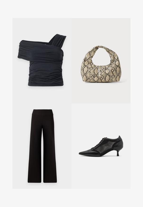 Melna off-shoulder gapģē jeb topiņš, kas izgatavots no mīksta, elastīga auduma, ar ručām un plašo siksnu dizainu vienā pusē.; Melni platajā kāju bikses ar gludu jostu, izgatavotas no mīksta materiāla. Tām ir brīvs piegriezums un minimālas šuvju detaļas.; Melnas norādītas kurpes ar sietu paneļa dizainu, kurām ir zems papēdis un šnuces priekšpuse. Izgatavotas no ādas un sieta materiāla kombinācijas.; Čūsku raksta soma ar izliekto rokturi. Izgatavota no teksturētiem, bēšiem un brūniem materiāliem, ar izteiksmīgu dimanta rakstu.