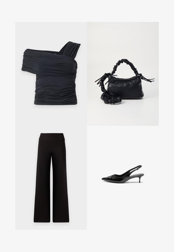 Top noir à épaules dénudées en tissu doux et extensible, présentant des détails froncés et une conception de large bretelle d'un côté.; Pantalons larges noirs avec une taille lisse, fabriqués dans un matériau doux. Présentent une coupe ample et des détails de couture minimaux.; Des escarpins en cuir noir à talon slingback, avec un bout pointu, un petit talon kitten et un détail de nœud décoratif à l'avant. Texture lisse sur toute la surface.; Sac à main en simili cuir noir avec une texture crocodile, un dessus resserré et une sangle froncée. A l'apparence douce et compacte.