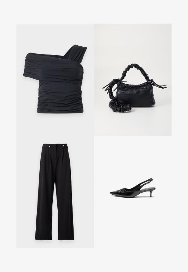 Juodas viršus be petnešų, pagamintas iš minkšto, elastingo audinio, su raukšlėtomis detalėmis ir plačios petnešos dizainu vienoje pusėje.; Juodos plačios kelnės su lygiu paviršiumi, turinčios aukštą liemenį, priekinės klostės ir metaliniai mygtukų akcentai.; Juodi odiniai aukštakulniai su dirželiais, smailia nosimi, žemu katinėlio kulniuku ir susitraukiančia detale ant bato viršaus. Lygi tekstūra ir minimalistinis dizainas.; Juodas dirbtinės odos rankinė su krokodilo tekstūra, sušnibždinta viršuje ir susikraipytu dirželiu. Atrodo minkšta ir kompaktiška.